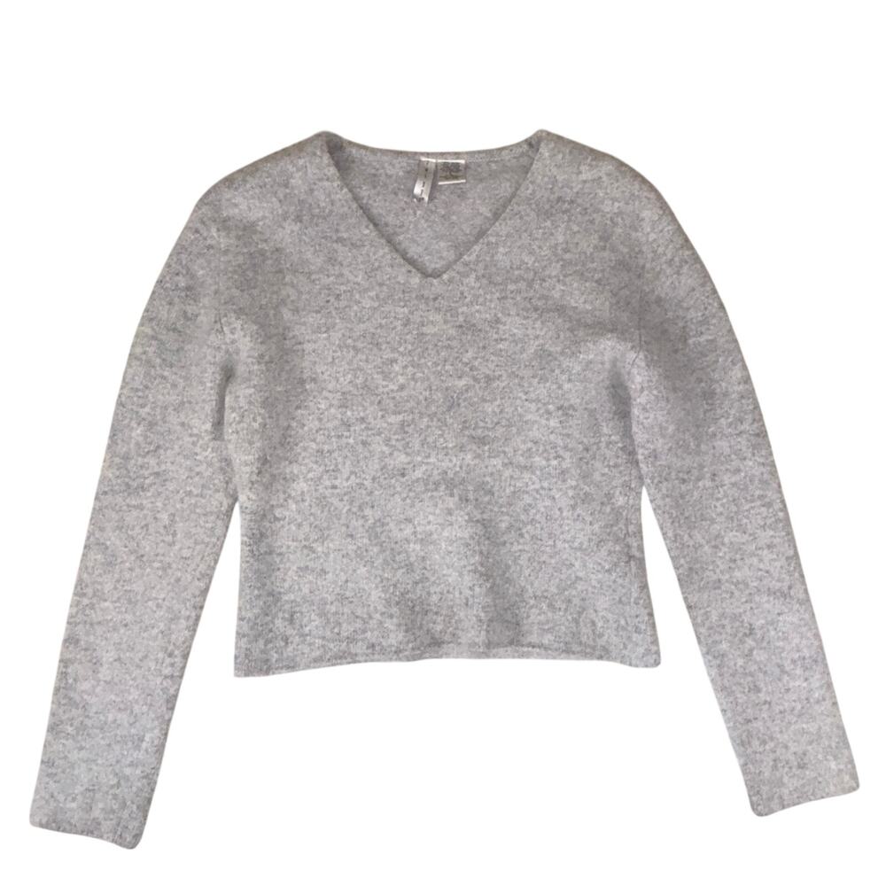 Vintage Twiggy V-Neck Sweater Womens L Gray Angora Rabbit Lamb Wool Blend